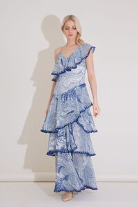 Striped Frilling Blue Maxi Dress